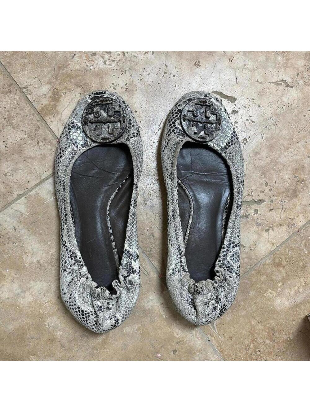 GUC Tory Burch Grey Snakeskin Python Elastic Heel Ballet Flats